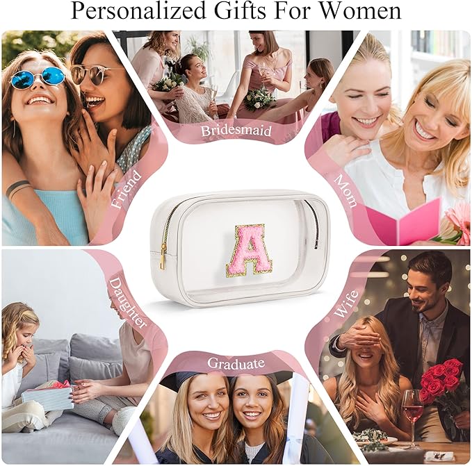 YOOLIFE Initial Make Up Bag Travel Toiletry Bag, Clear Makeup Bag Preppy Cosmetic Bag Clear Makeup Bags With Zipper Girlfriend Teacher 6 Year Old Girl Gifts Daughter Gifts Swim Gifts For Girls White M