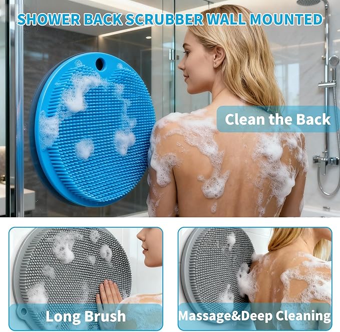 2 Pack Shower Foot Scrubber & Shower Back Scrubber Wall Mounted with Delicate Brush,Circular Design Shower Back Scrubber,Non-Slip Foot Scrubber Mat(Grey and Blue)