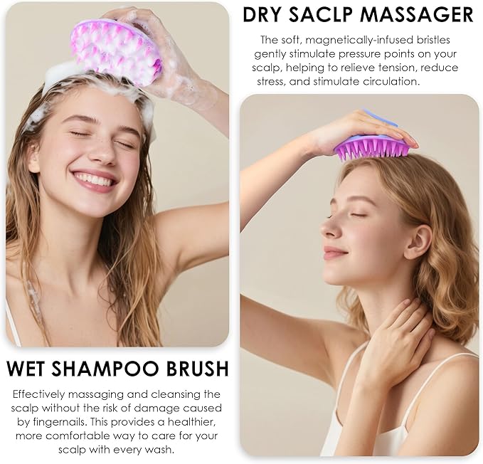 INNERNEED Magnetic Silicone Scalp Scrubber for Hair Washing – Soft Thick Bristles, Palm-Sized Shampoo Brush for Wet or Dry Scalp Massage, Improves Circulation & Scalp Health (semi-Transparent Purple)