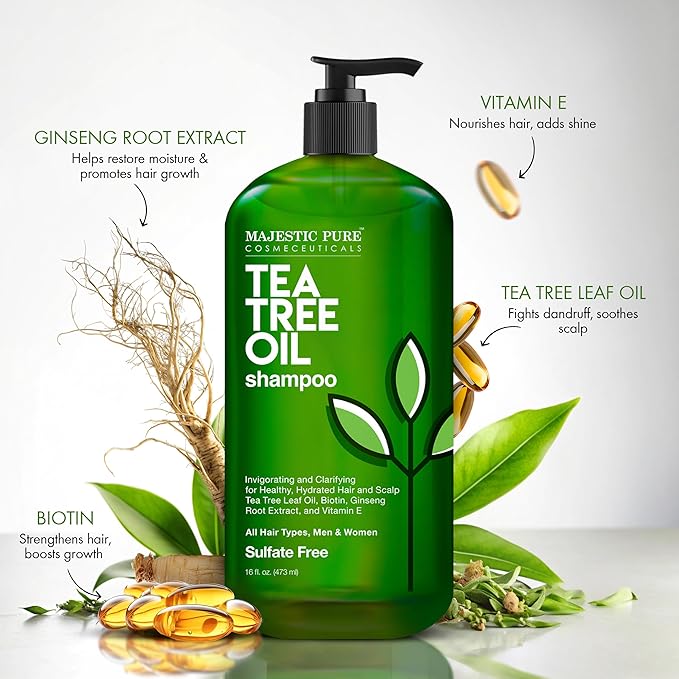 Majestic Pure Tea Tree Shampoo for Men and Women -16 fl oz - Hydrating Formula Fights Dandruff, Lice and Itchy, Irritating or Dry Scalp - For All Hair Types - Sulfate Free