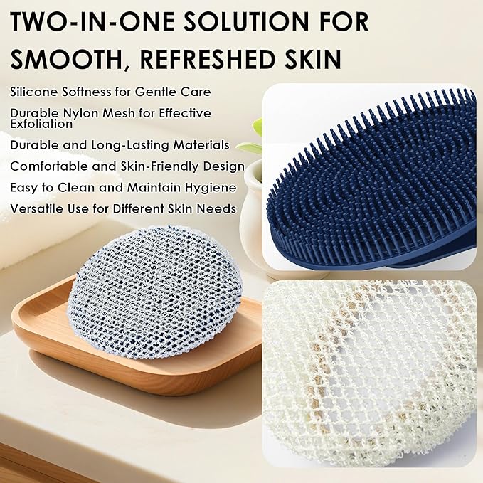 INNERNEED 2 Pieces African Net Sponge Exfoliating Shower Mesh Bath Washcloth Case, with 1 Silicone Body Scrubber Brush (Darkblue)