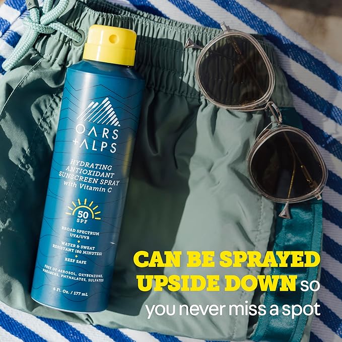 Oars + Alps Sunscreen Spray for Face & Body Spray Sunscreen Infused with Vitamin C & Antioxidants, No White Residue, Water & Sweat Resistant, All Skin Types, Lightweight, Hydrating, SPF 50, 6 Oz, 2pk