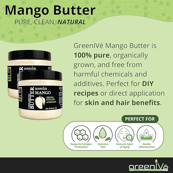 GreenIVe Deodorized Mango Butter Chuncks 100% Pure Raw Unrefined Natural Creamy Skin Hair Moisturizer Hydrating Body Butter Lotion Lip Balm Soap Making DIY Cosmetics Whipped Creams Food Grade 16oz