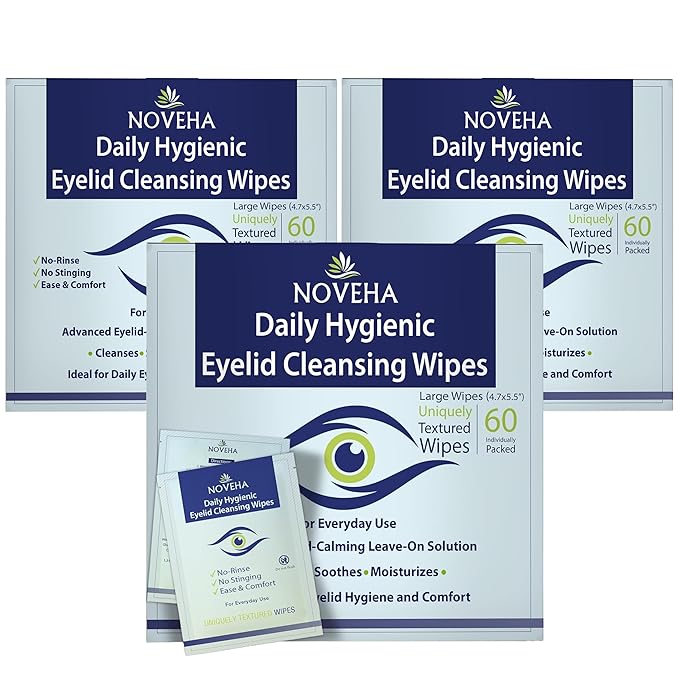 NOVEHA 180Pcs Daily Hygienic Eyelid & Lash Wipes | 120 Individually Wrapped Cleansing Eyelash Wipes - For Blepharitis & Itchy Eyes, Demodex and Natural Makeup Remover & Daily Cleanser (3 Pack)