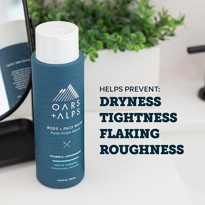 Oars + Alps Men's Moisturizing Face & Body Wash, Body Wash with Vitamin E and Antioxidants, Sulfate Free, Fresh Ocean Splash, 3pk