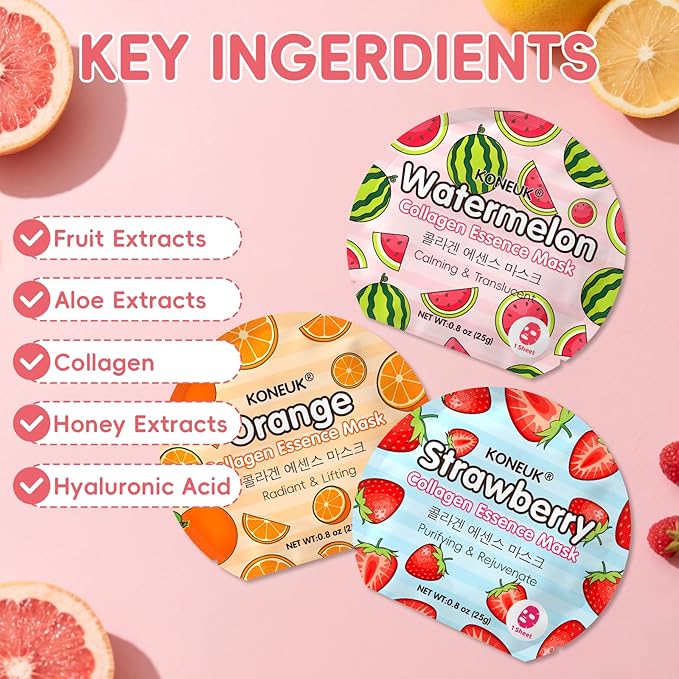 6 Pack Colorful Fruit Face Masks Skincare, Sheet Hydrating Face Mask, Collagen Facial Mask for Skin Care, Stocking Stuffers for Women, Bulk Christmas Gifts and Spa Party Gifts