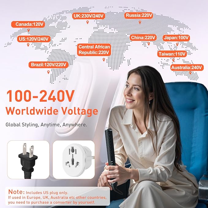 Quico Hair Straightener, 110-240V Global Travel Hair Straighteners for women, 15s Fast Heating, Professional Negative Ion Flat Iron, Temp Memory, 320℉-450℉, Auto-Off, with Glove and Clips, Gift, Black