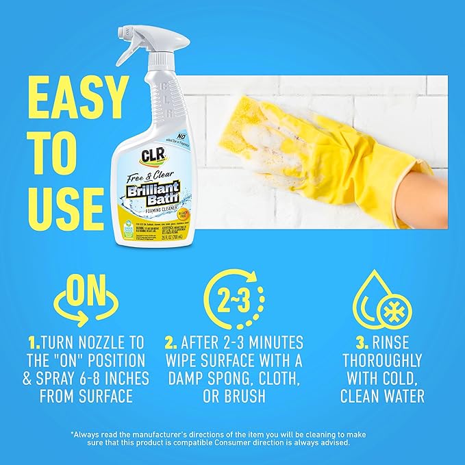 CLR Brands® Brilliant Bath Foaming Bathroom Cleaner Spray Free & Clear, No Added Dyes or Fragrances, Soap Scum and Hard Water Stain Remover, Use on Showers, Baths, Toilets and More, 26 Oz (Pack of 1)