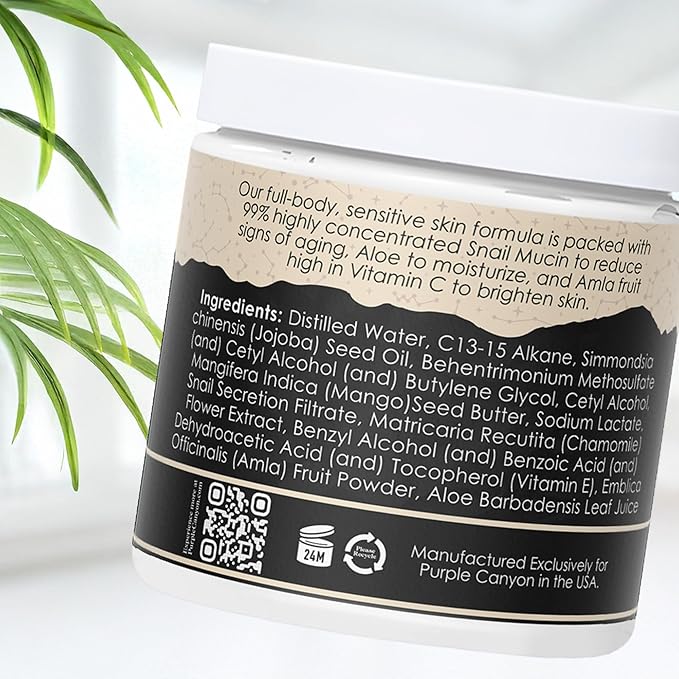 PURPLE CANYON 99% Snail Mucin Body Butter 8oz | Reduce Blemishes, Dark Spots, and Wrinkles for Radiant Skin | Skin Care Snail Cream Moisturizer Dry Skin Repair