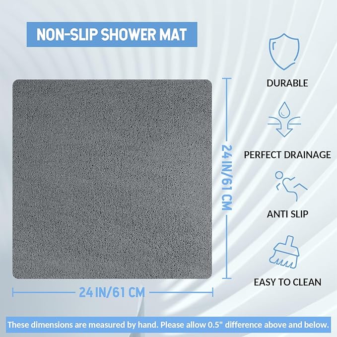 Non Slip Shower Mat, Anti Slip Bath Mat, Quick Drying Bath Tub Mats, Foot Scrubber Mat, Anti Slip Mat for Tub, Floor, Bathroom, Home, Kitchen, Hotel (Grey 24”x24”)