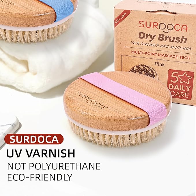 SURDOCA Dry Brushing Body Brush for Lymphatic Drainage, Wet & Dry Body Scrubber, Natural Exfoliating Brush, Pink