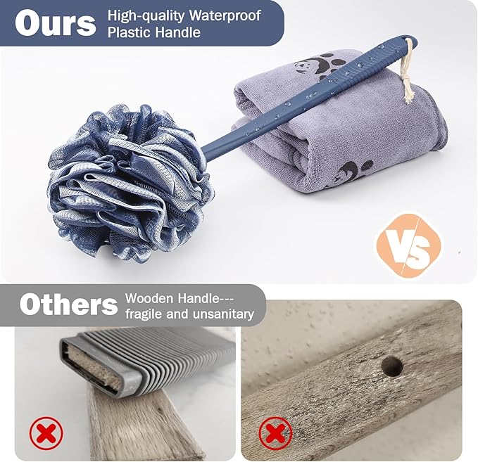 Loofah With Handle Back Scrubber for Shower, Non-Slip 17" Plastic Handle, Hand Shower & Loofah on a Stick Sponge Set, Deep Blue With White Edge