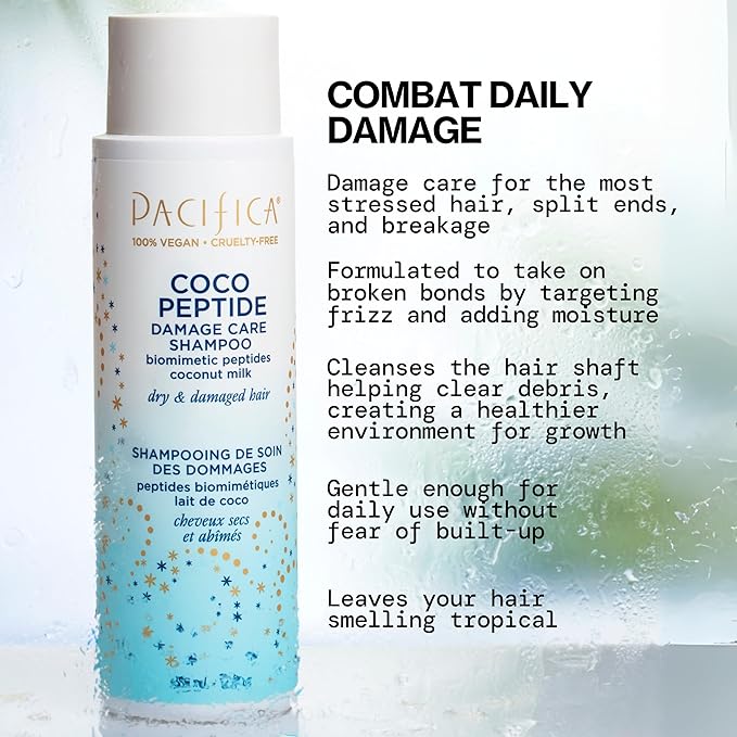 Pacifica Coco Peptide Damage Care Shampoo & Conditioner Set – Repairing Hair Care for Dry Damaged Hair Vegan Collagen & Peptides for Split Ends & Breakage Sulfate Free Clean Vegan Dermatologist Tested