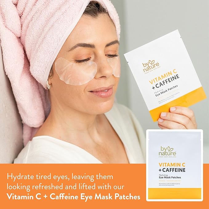 By Nature Vitamin C + Caffeine Brightening + Hydrating Under Eye Mask Patches - Energizing + Replenishing Eye Patches for Dark Circles - Skincare from New Zealand - Under Eye Patches - 5 Pairs