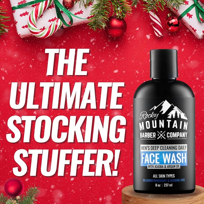 Rocky Mountain Barber Company Men's Daily Face Wash - With Jojoba Oil, Argan Oil, Chamomile Floral Water and Aloe Vera – Unscented - 8 oz