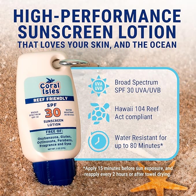Coral Isles Sunscreen SPF 30 | Hawaii Compliant as Reef Safe | Octinoxate & Oxybenzone Free | Broad Spectrum UVA/UVB Protection | Water Resistant 80 Min. | Fragrance Free | 2 Fl Oz (Pack of 2))