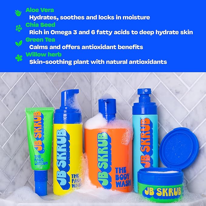 JB SKRUB The Ultimate Bundle - Complete Skin Care Set for Kids, Tweens, and Teens, Includes Body Wash, Body Spray, Acne Face Wash, Pads, and Lotion