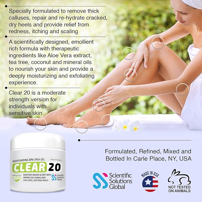 CLEAR 20, 20% Urea Gel, 4 oz w/ Tea Tree & Coconut Oil, Aloe Vera Extract, Callus & Corn Remover Moisturizes & Softens Cracked Heels, Feet, Elbows, Hands, Nails, Superior hydration to Urea Creams
