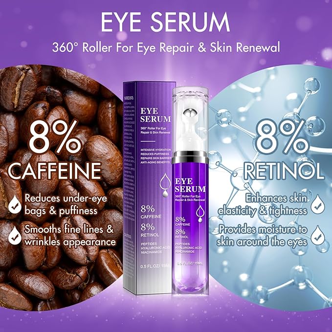 Eye Serum with 8% Caffeine, Hyaluronic Acid, Niacinamide & Peptides for Dark Circles, Puffy Eye Bags, Wrinkles Fine Lines, Anti Aging, Under Eye Treatment Cream with 360° Massage Roller-Ball