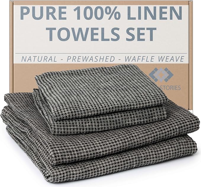 Linen Waffle Towels for Bathroom - 4-Piece 100% Linen Towel Set - 2 Bath and 2 Hand Towels - Black-Natural Thin Pre-Washed Lightweight Quick-Dry Absorbent - Made from European Natural Pure Flax