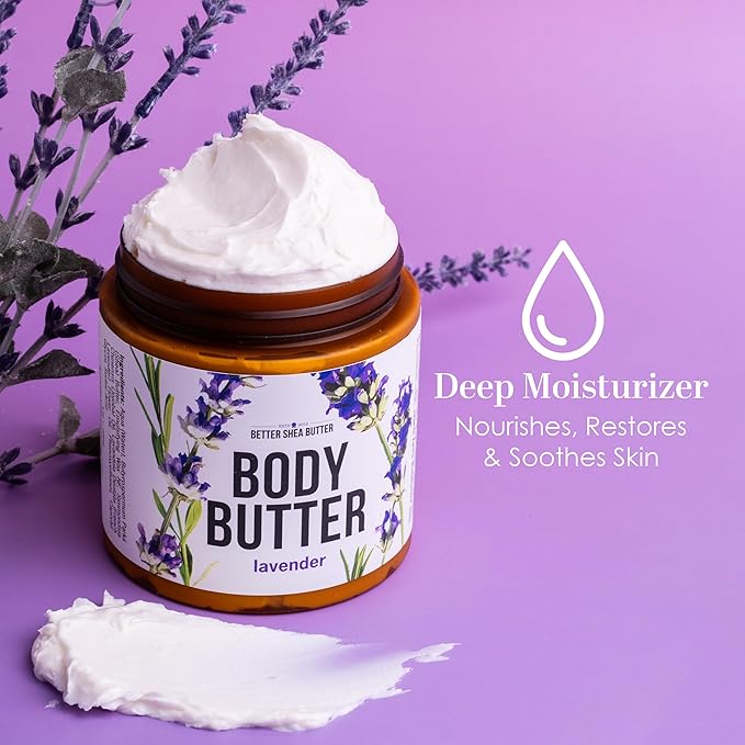 Lavender Body Butter with Shea Butter, Jojoba & Lavender Essential Oil - Natural Lotion for Women, Non-Greasy Moisturizer for Dry Skin, Whipped Body Cream