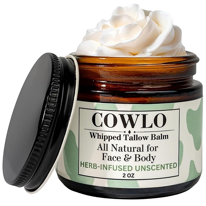 Whipped Tallow Balm & Body Butter (Unscented/Herb-Infused) Grass Fed Tallow Moisturizer for Face, Body & Baby – Organic Olive Oil Infused with Calendula & Frankincense – Handmade Skincare, 2 oz
