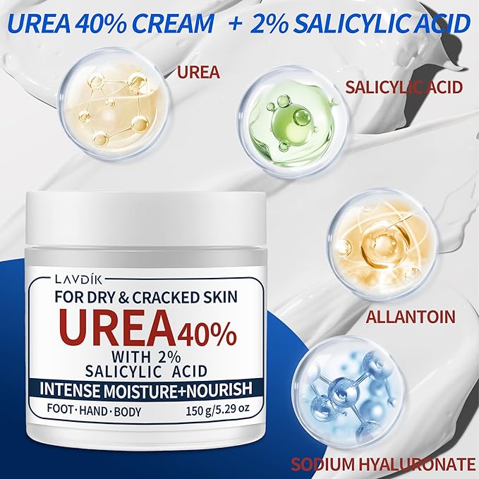 40% Urea Cream with 2% Salicylic Acid, Maximum Strength Moisturizer for Dry, Cracked Skin on Feet, Hands, Heels, Elbows, and Knees, 5.29 OZ