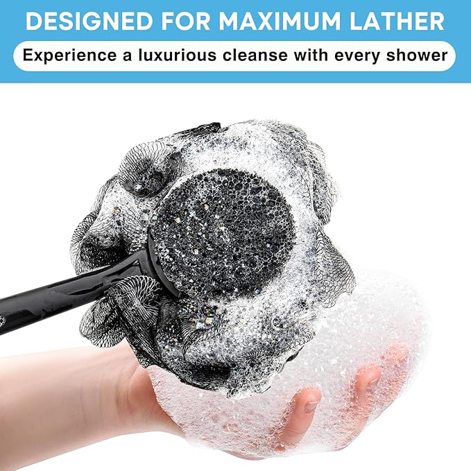 Loofah with Handle & Shower Brush Charcoal 2 Pack- Back Scrubber for Shower for Men & Women, Body Brush Ideal for Exfoliation, Back Loofah for Shower with Bath Brush, Long Handle for Shower Back Brush