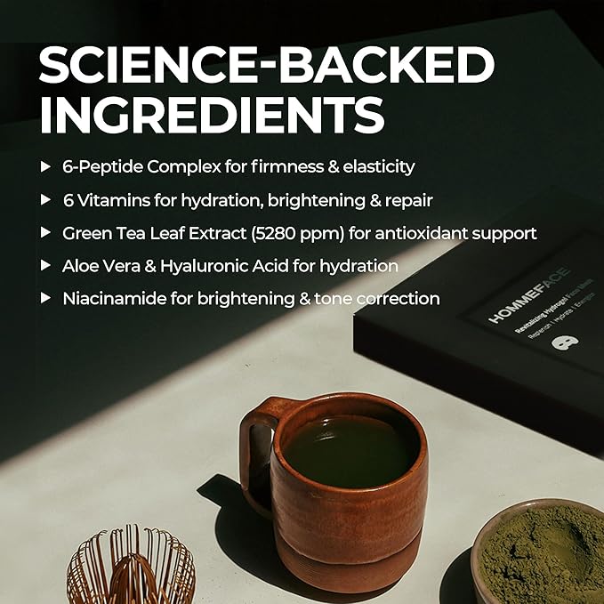 HommeFace Men’s Revitalizing Hydrogel Facial Mask Set (5ct) - Hydrating, Beard-Friendly, Anti-Aging, Soothing Face Sheet Masks - Korean Skincare Technology with Hyaluronic Acid, Vitamins & Peptides