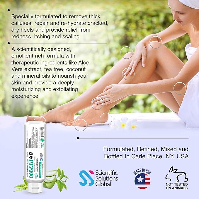 Clear 40, 40% Urea Gel, 8 oz w/Tea Tree & Coconut Oil, Aloe Vera Extract, Works on Calluses & Corns, Moisturizes & Softens Cracked Heels, Feet, Elbows, Hands, Nails, Superior Hydration to Urea Creams