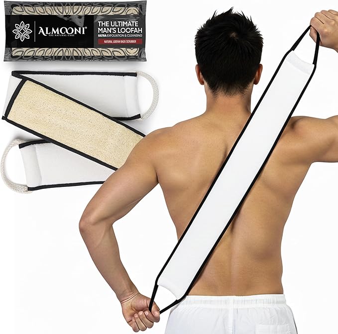 Sturdy Natural Loofah Back Scrubber for Shower for Men, Egyptian Loofah Body Scrubber Exfoliator and Washer for Men to Clean Your Back Deeply Like an Exfoliating Washcloth- 1 Count (1 Pack) - Black