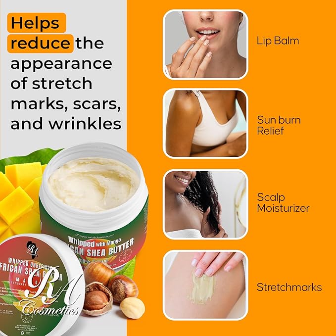 RA COSMETICS Whipped Shea Butter Mango - 6oz | 100% Pure and Natural African Shea Butter for Men & Women - Ultimate Handcrafted Moisturizer with Essential Vitamins for Radiant Skin & Luscious Hair