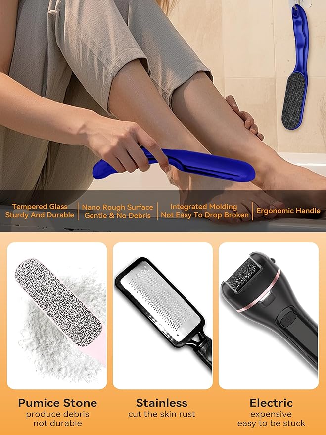 Nano Glass Foot File Foot Callus Remover Scrubber in Shower, Pedicure Tools Feet Scrubber Dead Hard Skin, Anti-Slip Handle Rope & Storage Bag Foot Files for Wet and Dry Feet Care Gift Blue