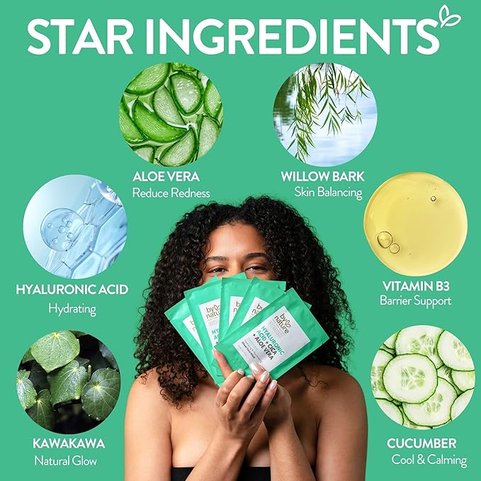 By Nature Face Mask with Hyaluronic Acid, Cica, and Aloe Vera - 5 Sheet Masks - Hydrating and Rejuvenating Skincare Set
