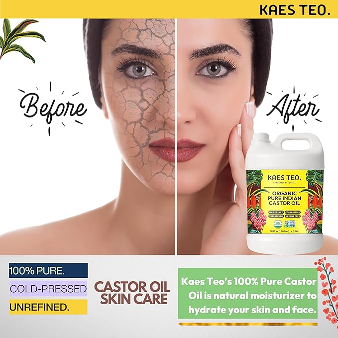 Organic Castor Oil 1 Gallon (128 fl oz) Bulk, 100% Pure Cold-Pressed, Hexane Free, Eyelash, Eyebrow & Hair Growth Serum, Skin Moisturizer, Massage, Hair Loss, Dandruff, Detox and Wraps