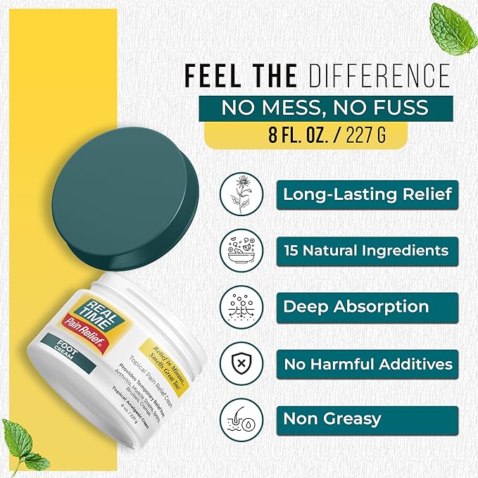 Real Time Pain Relief Foot Cream 8oz Jar | 15 Natural Ingredients: 1.5% Menthol, Tea Tree Oil, Vitamin E & Emu Oil | Advanced Neuropathy Relief & Soothing Lotion for Tired, Swollen, Sore & Aching Feet