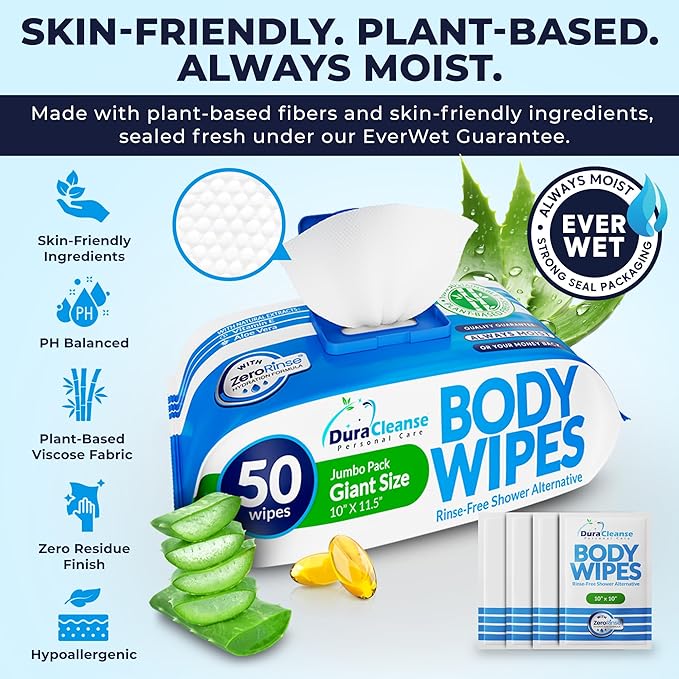 Dura Cleanse Body Wipes for Adults No Rinse Bathing (2 Pack) 100 XL Shower Cloths + 8 Travel Sheets – 10" x 11.5" Thick Disposable Washcloths for Camping & Elderly Care