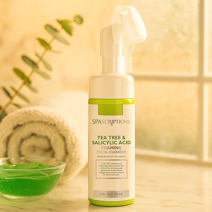SpaScriptions Tea Tree & Salicylic Acid Foaming Facial Cleanser, pH Balanced, Non Comedogenic, Paraben Free, For All Skin Types, 5 fl oz / 150 mL