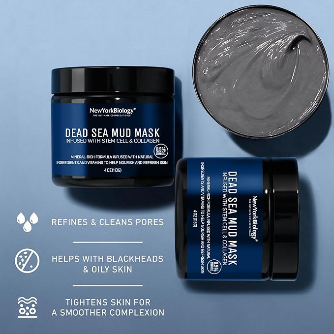 New York Biology Dead Sea Mud Mask for Face, Body | with Stem Cell and Collagen | Spa Quality Pore Refiner for Oily Skin | Natural Skincare for Women, Men | Tighten Skin | 4 oz