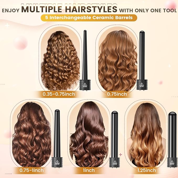 5 In 1 Curling Wand Set, Curling Iron Interchangeable Ceramic Barrels (0.35-1.25 Inch), Heating Hair Curler Kit with Protective Glove & 2 Clips Ceramic Coated for All Hair Types, Gift for Girls, Women