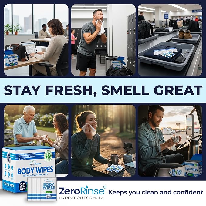 Body Wipes for Adults No Rinse – 20 Count Travel Shower Wipes, 10" x 10" Individually Wrapped Thick Cleansing Wash Scrubs, Disposable Washcloths for Camping and Elderly Care