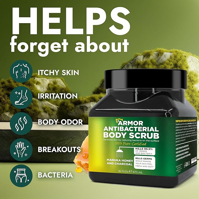 Antibacterial Body Scrub | Manuka Honey & Charcoal | Kills 99.9% of Germs & Bacteria | Body Scrub Exfoliator Deep Cleansing & Purifying for Smooth, Fresh & Soft Skin | 16 fl oz