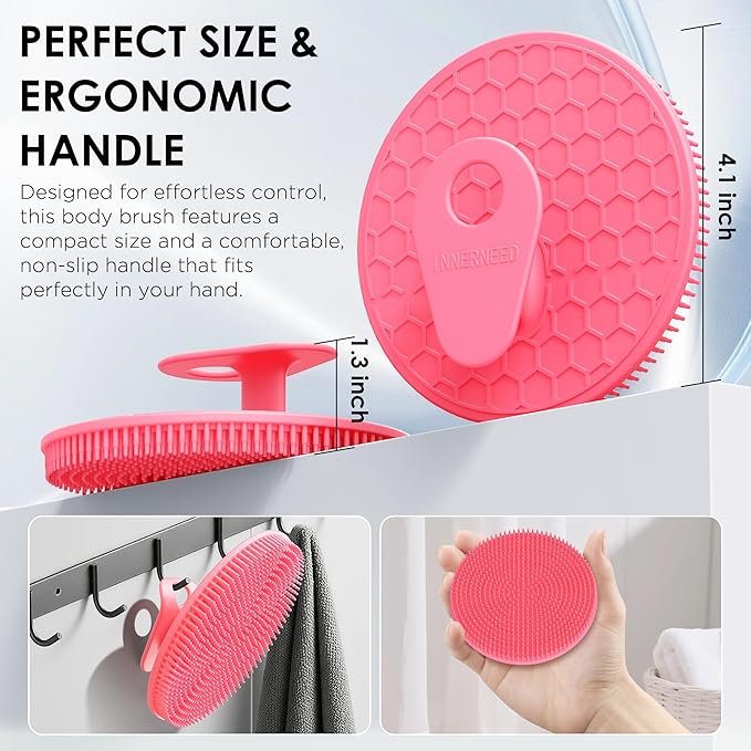 INNERNEED Food-Grade Silicone Body Scrubber Gentle Cleansing Brush with Exfoliating Net Sponge Bath Scrubbing Washcloth Case, More Hygienic and Well Lather (Black+Pink Set)