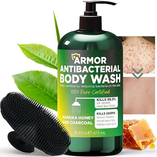Antibacterial Body Wash | Antifungal Soap for Men & Women | Kills 99.9% of Germs & Bacteria | Helps with Back Acne, Body Odor & Jock Itch | Manuka Honey & Charcoal | Includes Scrubber16 fl oz