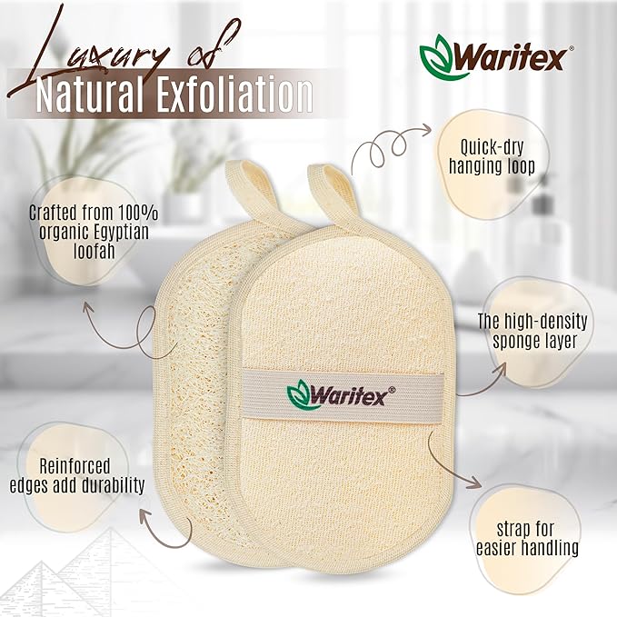 Waritex Egyptian Loofah Exfoliating Body Scrubber with Hand Strap, Oval Shower Pads Made from Natural Egyptian Loofah Fibers, Gentle Cleansing for Face and Body, for Men and Women 2 Count (1 Pack)