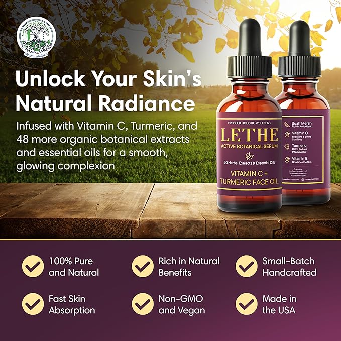 LETHE Vegan Botanical Face Serum – Vitamin C & 50 Natural Extracts & Essential Oils – Improves Skin Tone, Firmness & Smoothness – Natural Skincare for Dark Spots & Uneven Skin Tone – 1oz
