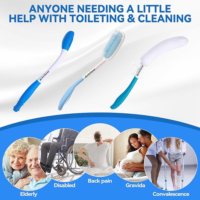 Toilet Aids Set for Wiping - Long Handle Butt Wiper, Anti-Slip Curved Handle Bath Body Brush and Curve Hair Brush for People Overweight, Elderly and Disabled People（3PCS Personal Hygiene Kit)