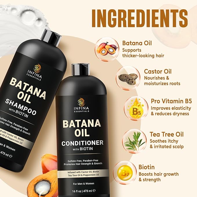 Batana Oil Shampoo and Conditioner Set | 16 fl oz Each | with Biotin & Tea Tree | Moisturizing, Strengthening & Nourishing Formula | Promotes Hair Growth and Thickness