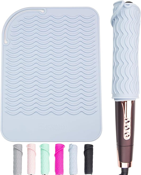 Heysam Heat-Resistant Silicone Mat/Non-Slip Vanity Pad for Hair Styling Tools-Hair Straighteners, Curling Irons and Flat Irons, Food-Grade Silicone, Suitable for Home, Travel, Salon Use, 9"x6.5"-Blue