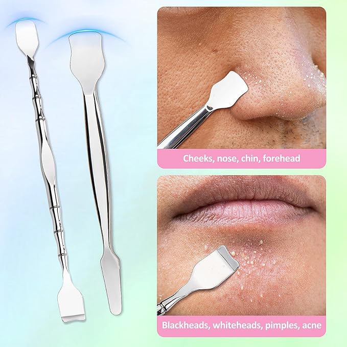 Blackhead Remover Tools Kit 5PCS: 2 × Blackhead Spatula Skin Tools, 2× Eyebrow Tweezers, 1 × 5X Mirror, Pore Prep Tool Pore Scraper, Stainless Pimple Extractor Tweezer Kit for Face & Nose (Pink)